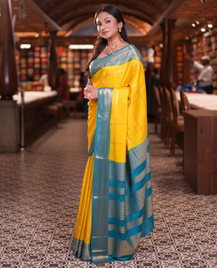 Yellow Fancy Mysore Silk Saree Features Zari Checks, Contrast Traditional Border, Grand Pallu, Contrast Blouse