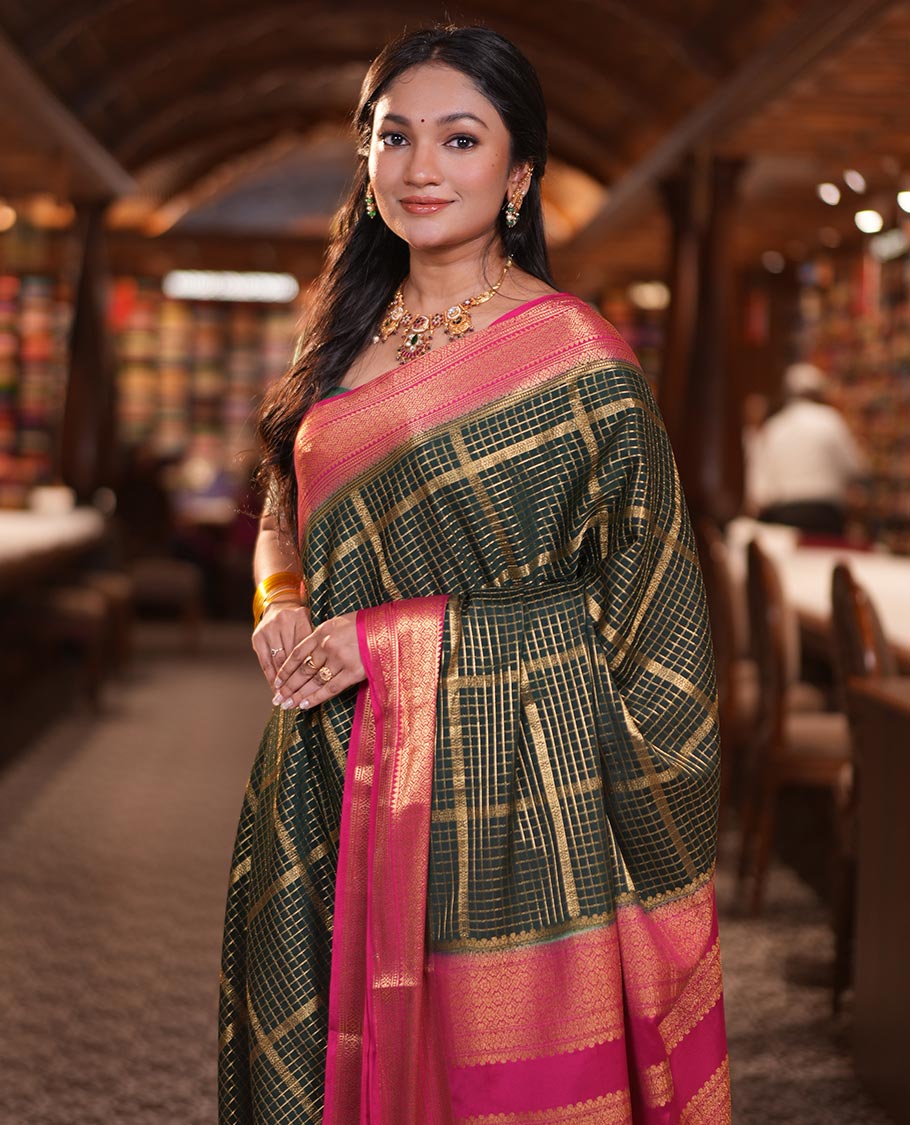 Bottle Green Fancy Mysore Silk Saree Features Zari Checks, Contrast Traditional Border, Grand Pallu, Contrast Blouse