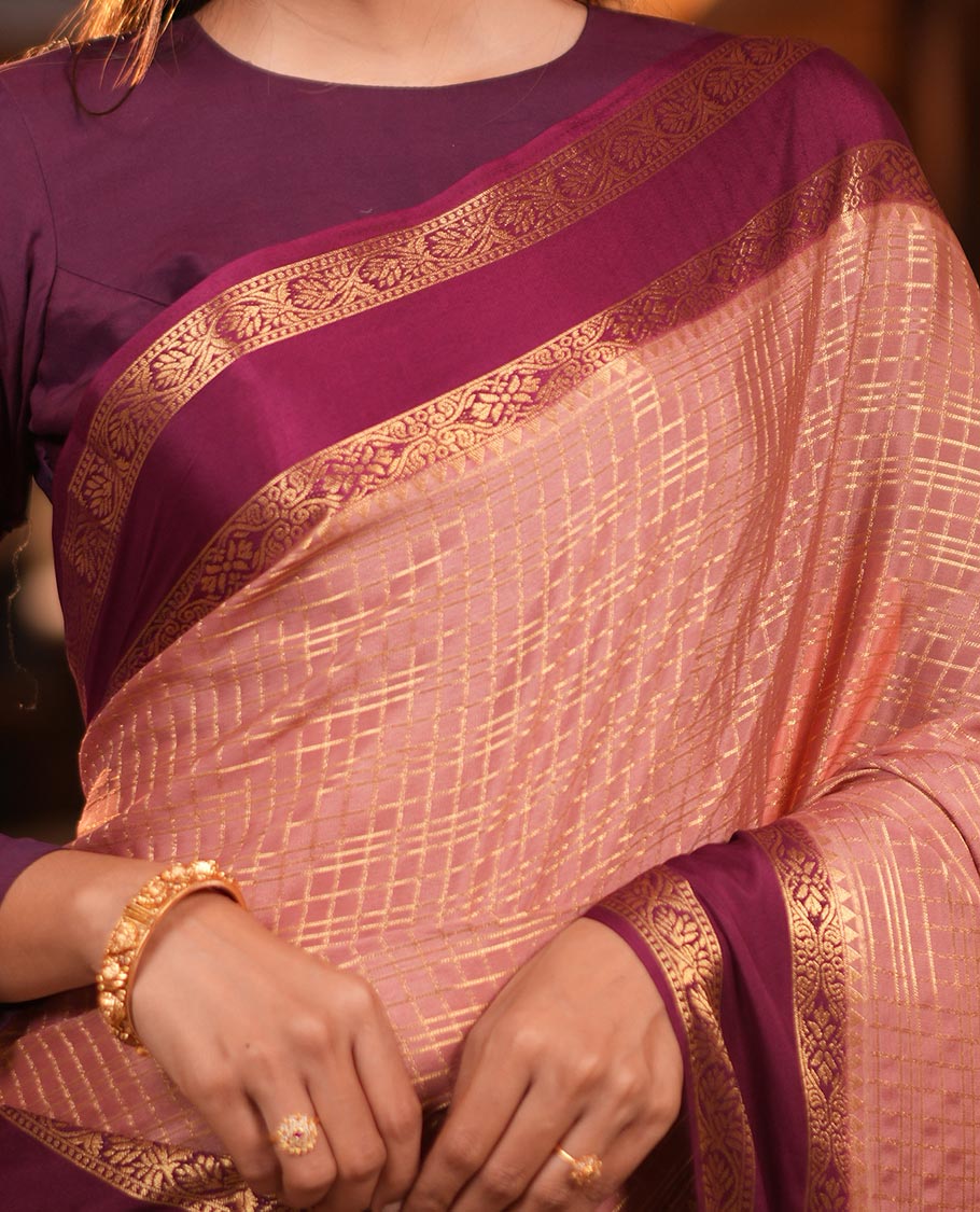 Onion Pink Fancy Mysore Silk Saree Features Checks, Contrast Traditional Double-Pet Border, Rich Pallu, Contrast Blouse