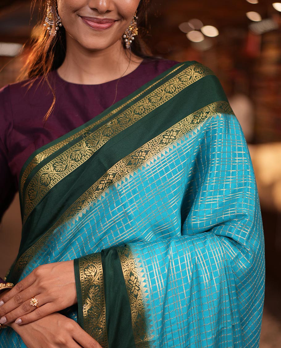 Rama Blue Fancy Mysore Silk Saree Features Checks, Contrast Traditional Double-Pet Border, Rich Pallu, Contrast Blouse