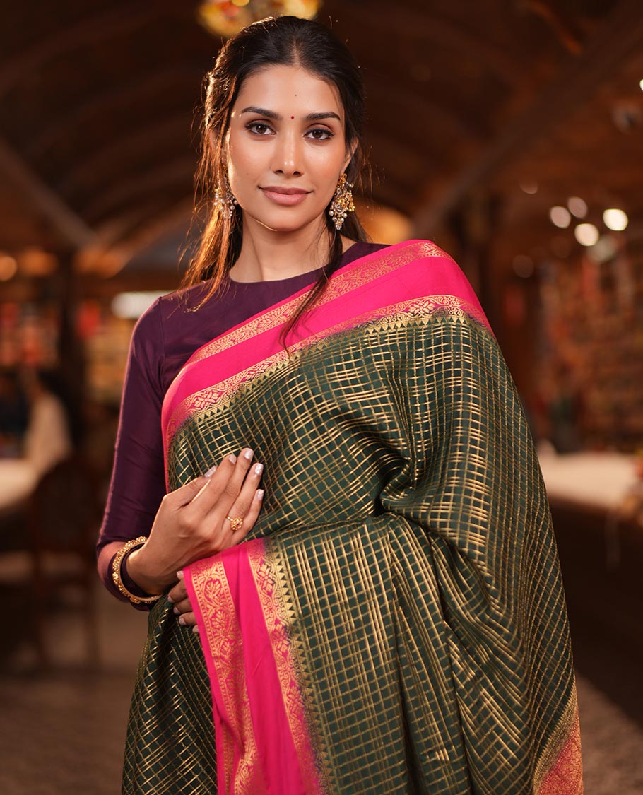 Bottle Green Fancy Mysore Silk Saree Features Checks, Contrast Traditional Double-Pet Border, Rich Pallu, Contrast Blouse