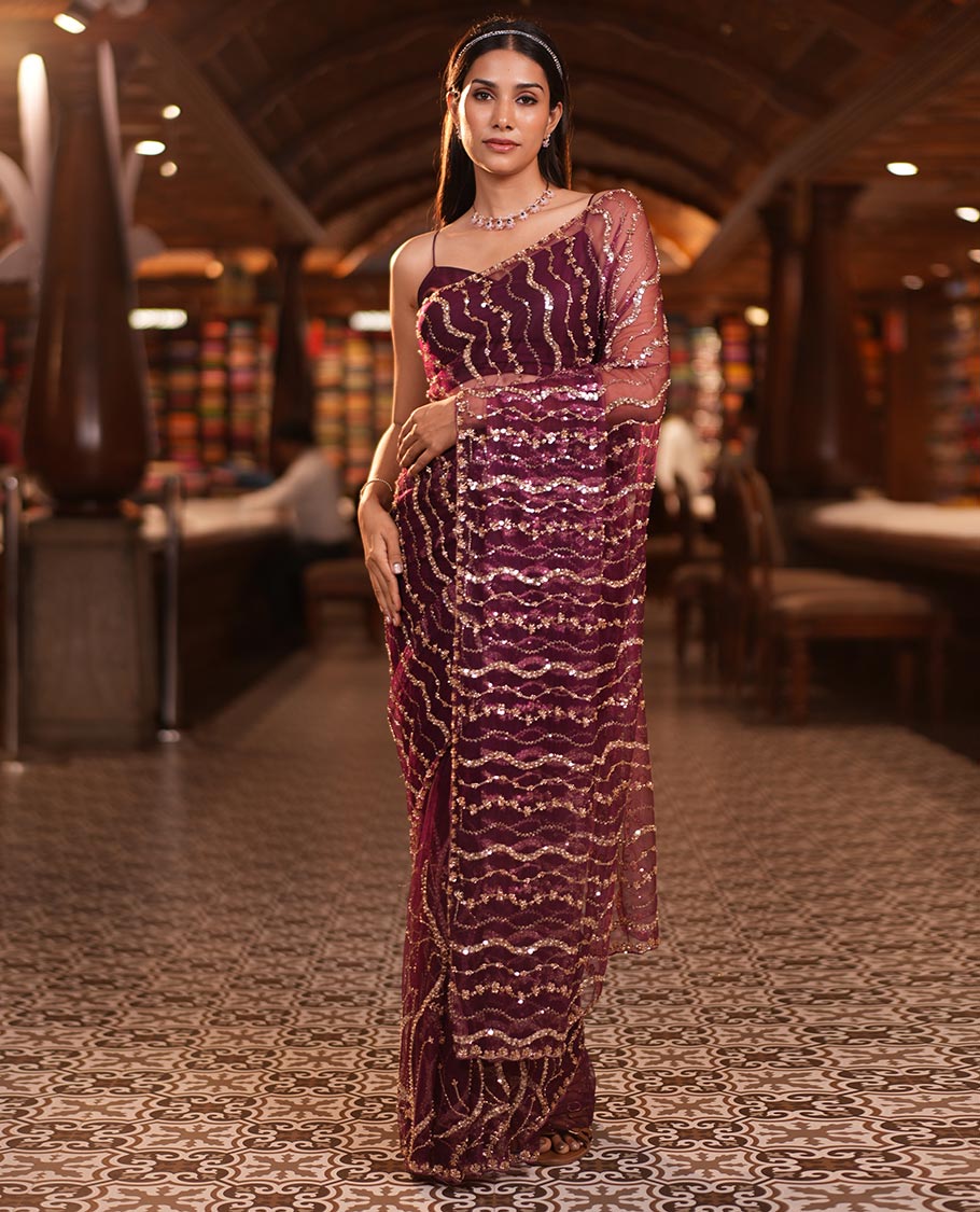 Wine Zig-Zag Sequin Striped Net Designer Saree with Matching Blouse