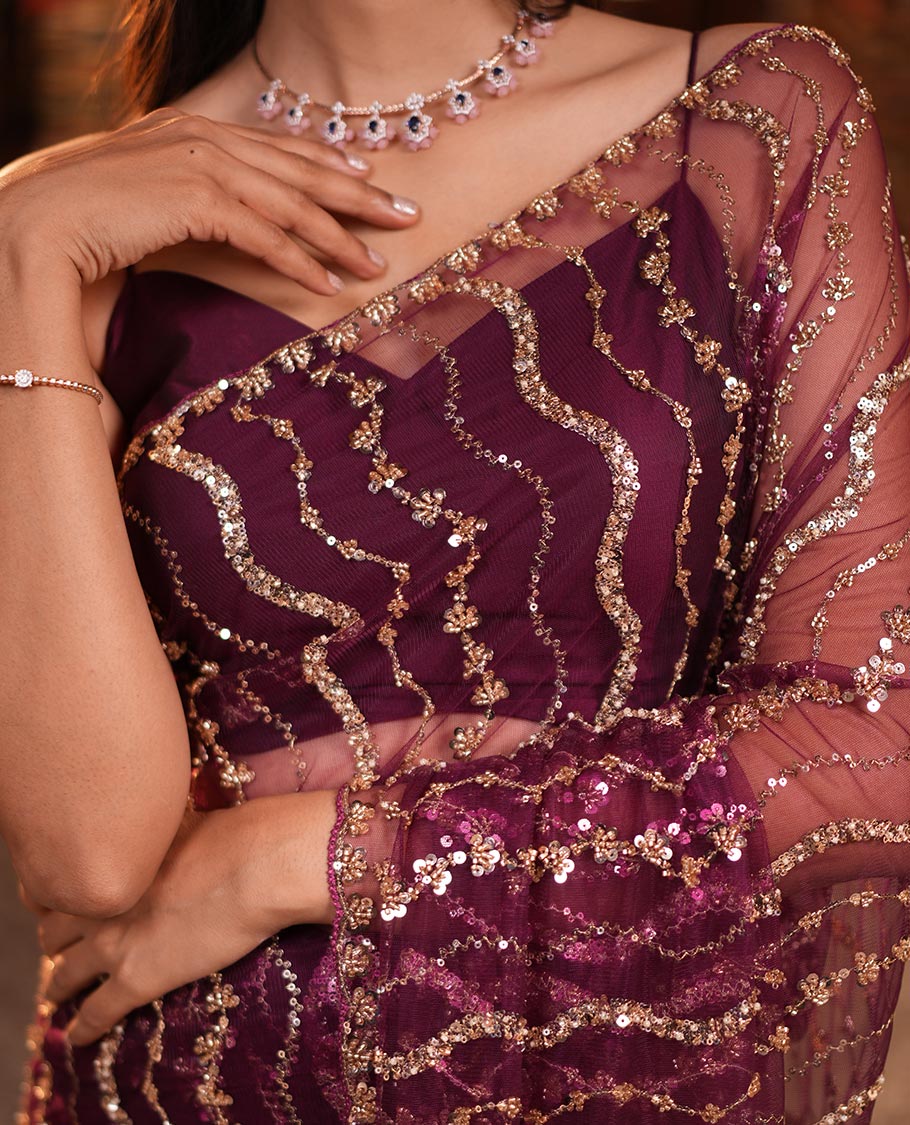 Wine Zig-Zag Sequin Striped Net Designer Saree with Matching Blouse