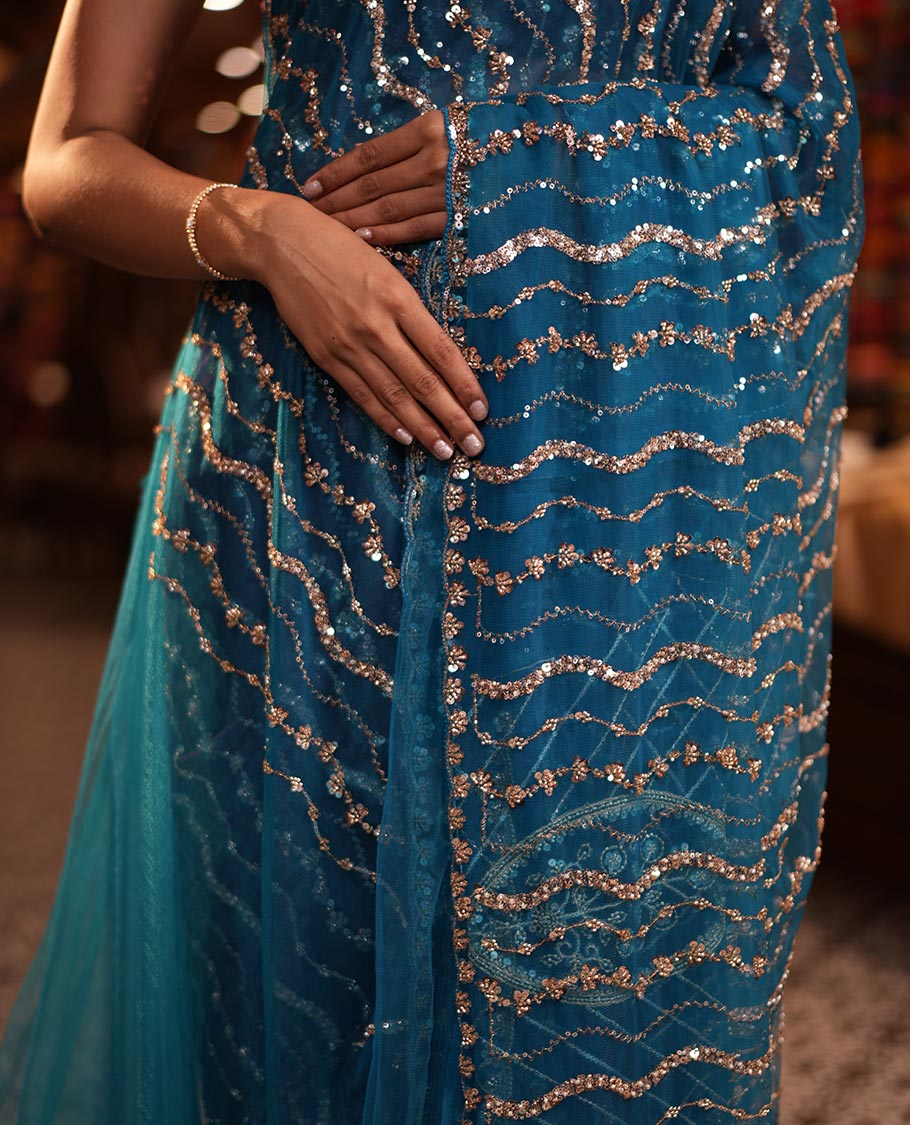 Peacock Green Zig-Zag Sequin Striped Net Designer Saree with Matching Blouse