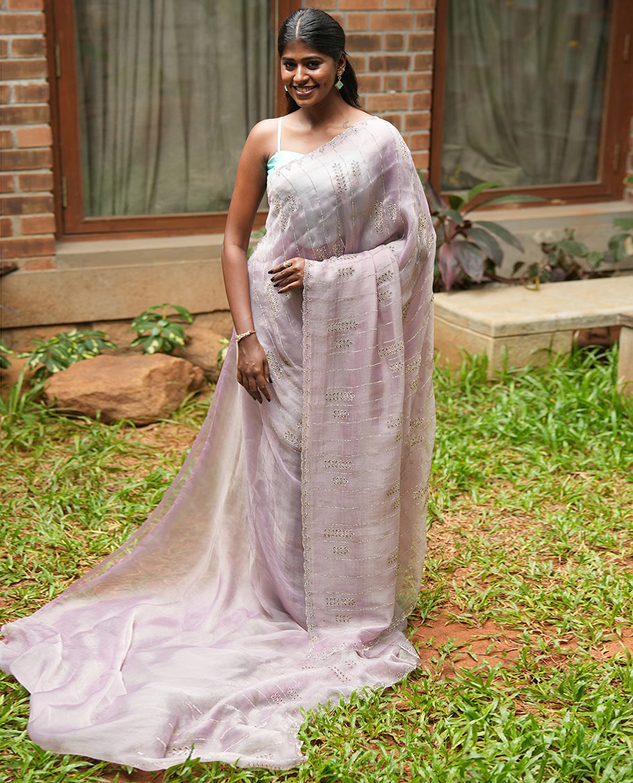 Lavender Swarovski and Meena Stonework Organza Designer Saree with Scallop Border, Matching Blouse
