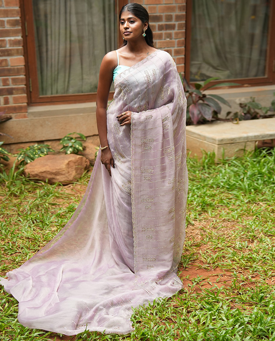 Lavender Swarovski and Meena Stonework Organza Designer Saree with Scallop Border, Matching Blouse