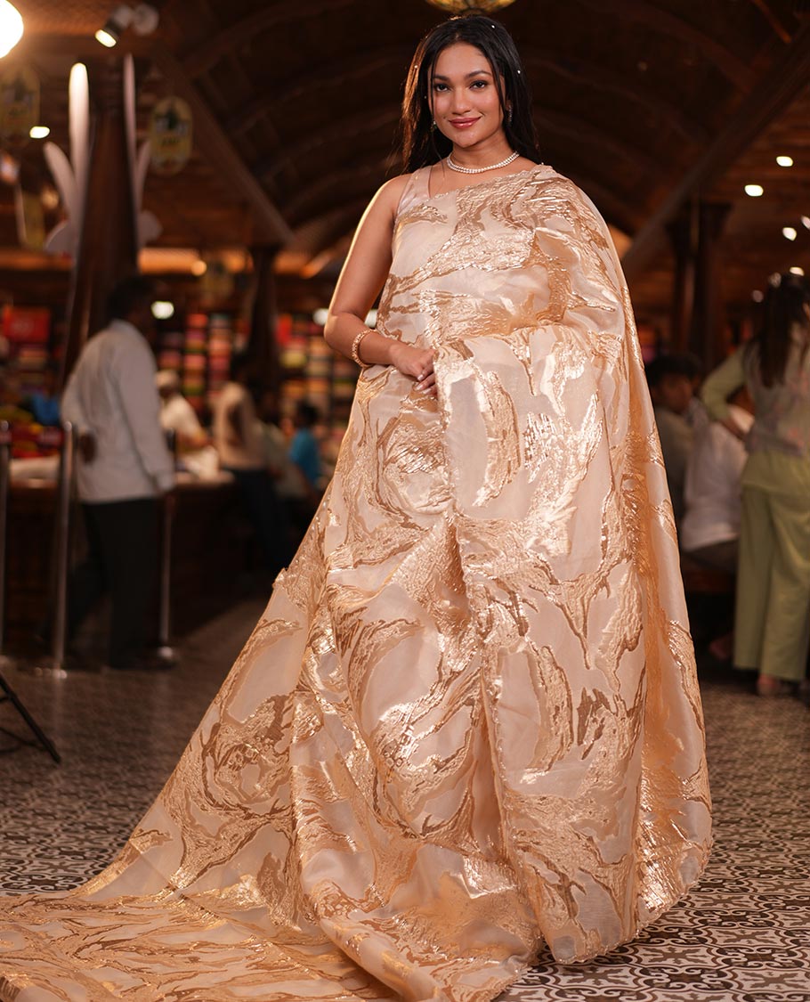 Gold Turkey Organza Saree Features Geometric Glitterwork, Scallop Beadwork Border, Embroidered Blouse