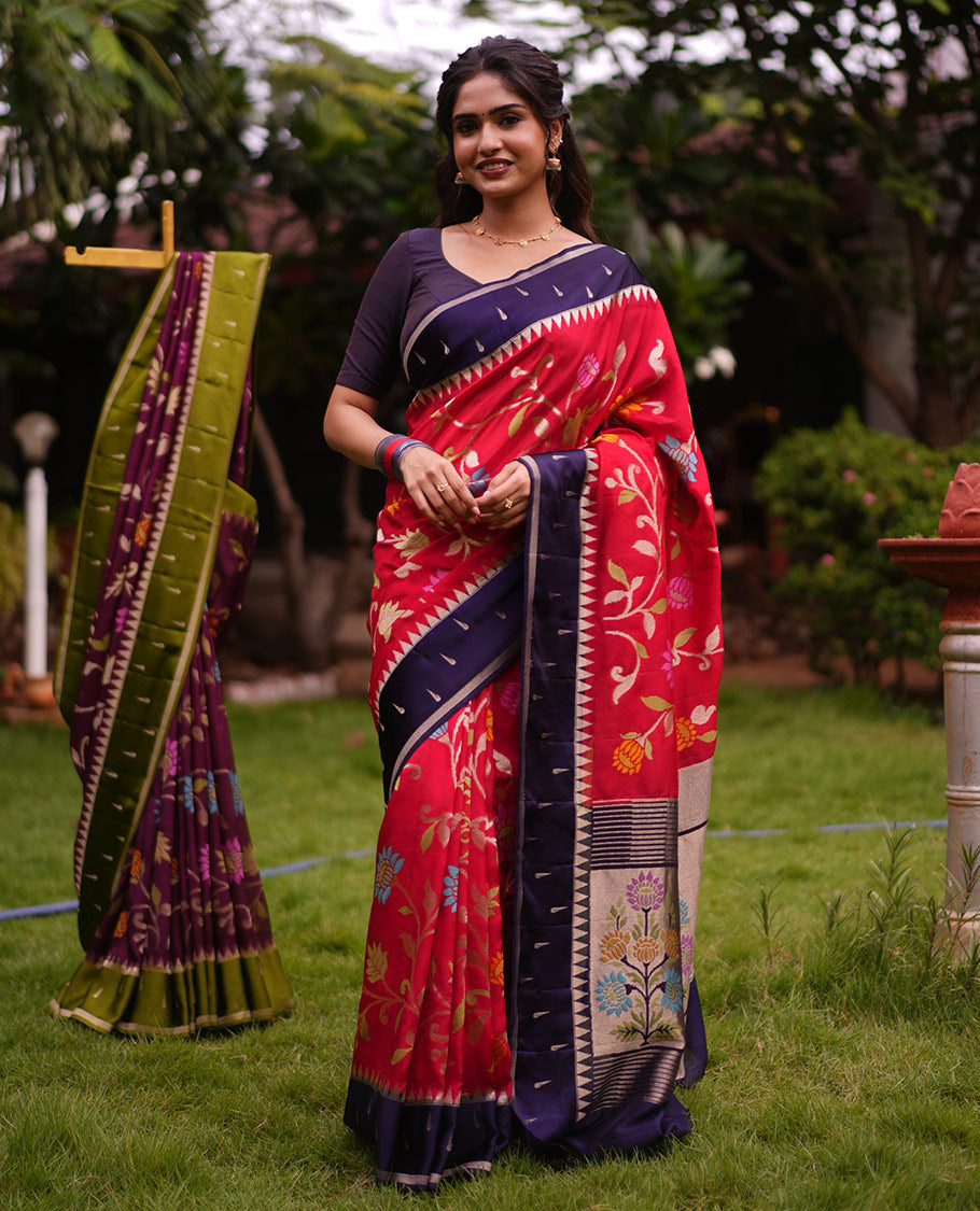 Red Paithani Floral Vine Organza Saree, Contrast Temple Muniya Border, Contrast Blouse