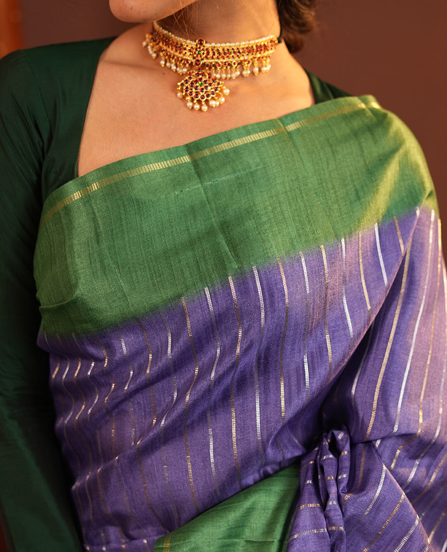Blue Fancy Tussar Saree, Highlighted by Vertical Zari Stripes Across Its Body, Complemented by Captivating Contrast Geometric Patterned Border, Subtle Pallu and Paired with a Contrast Blouse