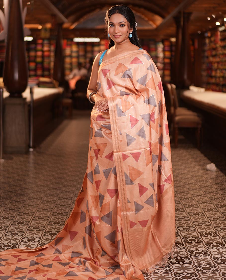 Peach Fancy Tussar Silk Saree Features Triangle Motifs, Zari Border, Striped Pallu, Matching Blouse