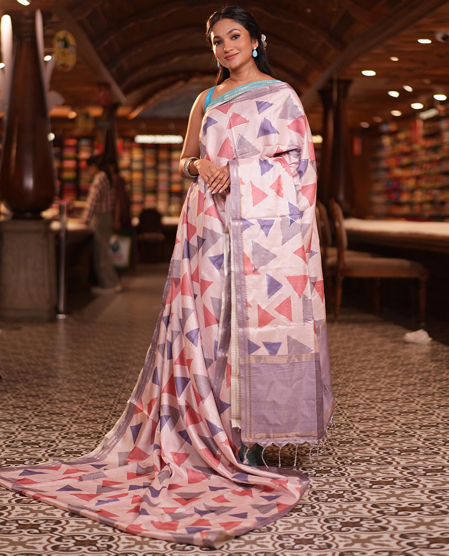 Pink Fancy Tussar Silk Saree Features Triangle Motifs, Zari Border, Striped Pallu, Matching Blouse