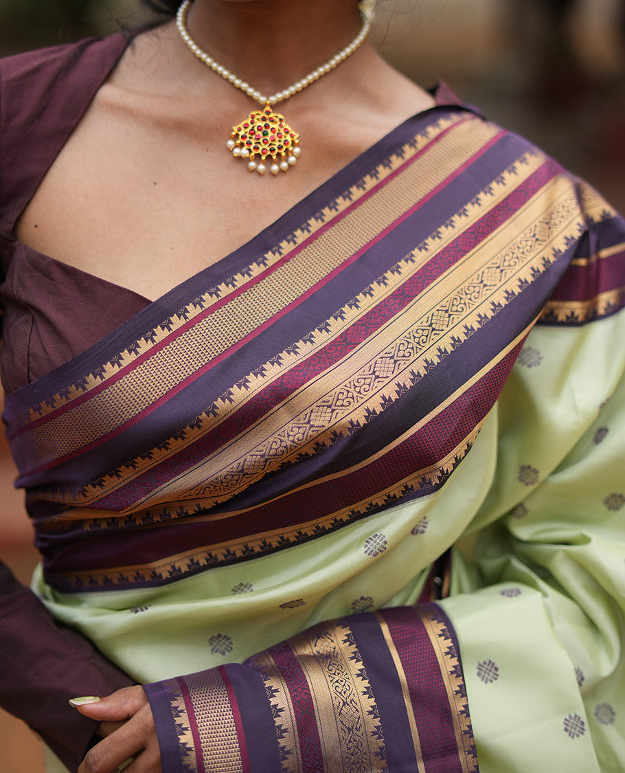 Pista Green and Coffee Brown Vasundenhara Lite Silk Mix Saree, Subtly Adorned with Buttas All Over Its Body, Complemted by Contrast Border of Thazampoo Rekku, Banaras, Jada Nagam, and Ara Maadam Designs, Grand Pallu, and Paired with a Contrast Blouse