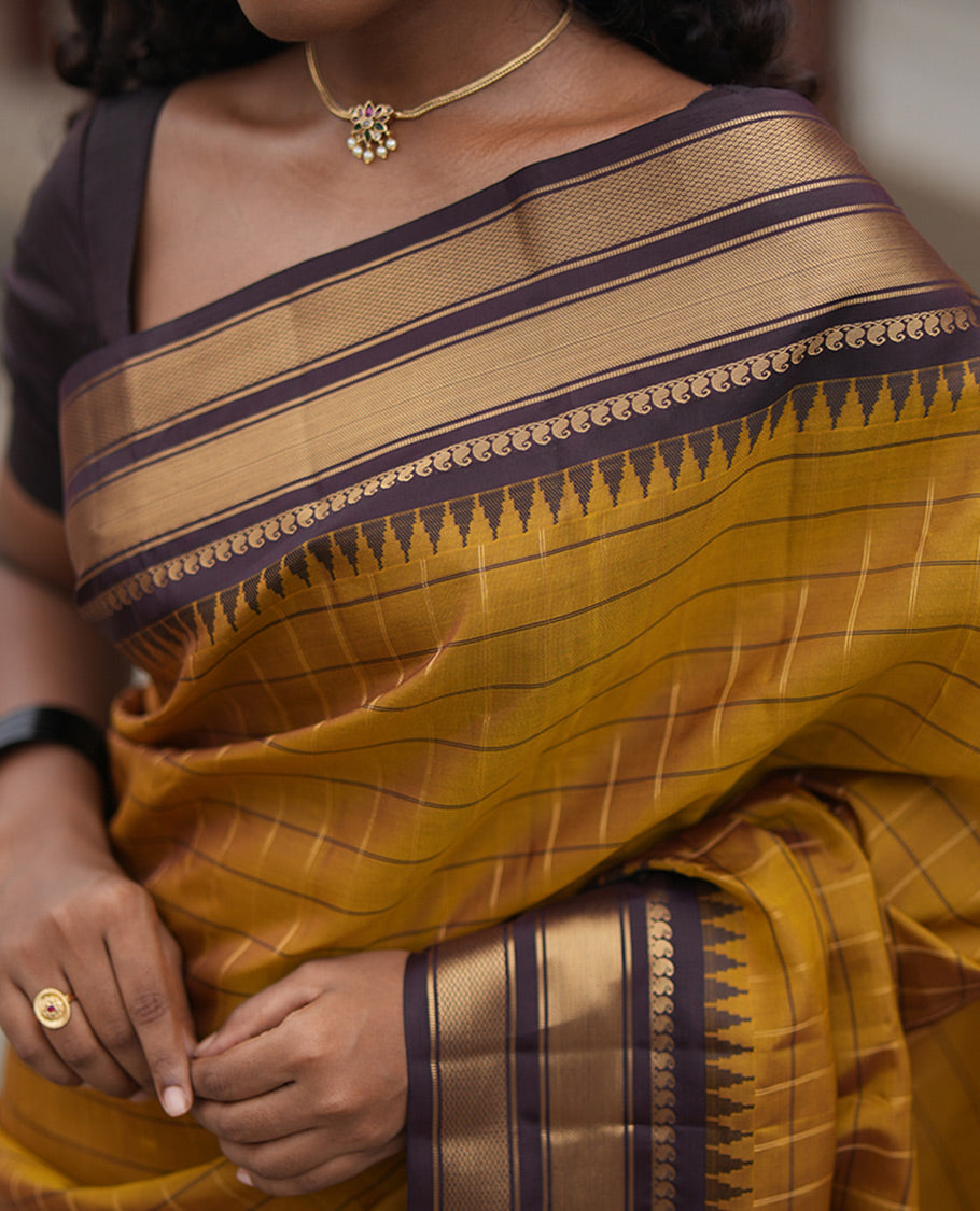 Mehendi Green-Brown Vasundhara Lite Silkmix Saree, Graced with Checks, Contrast Border of Rekku, Manga Mokku, and Mayil Kann, Grand Pallu, and Contrast Blouse