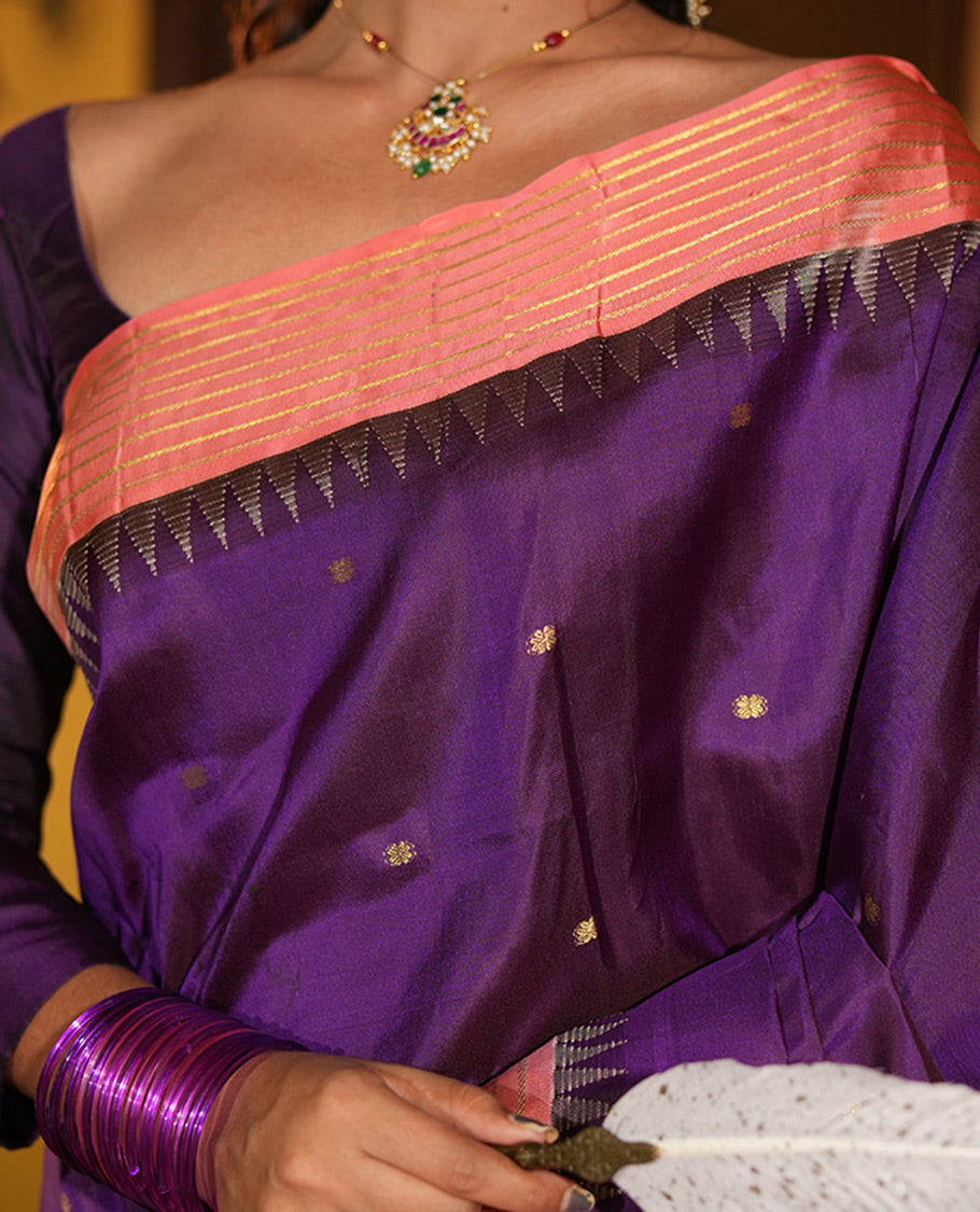 Vadamalli and Peach Pink Vasundhara Silk Saree, Enriched with Kamalam Zari Buttas All Over Its Body, Complemented by a Contrast Thazampoo Rekku Border of Banaras Designs, Gleaming Zari Striped Pallu, and Paired with a Contrast Blouse