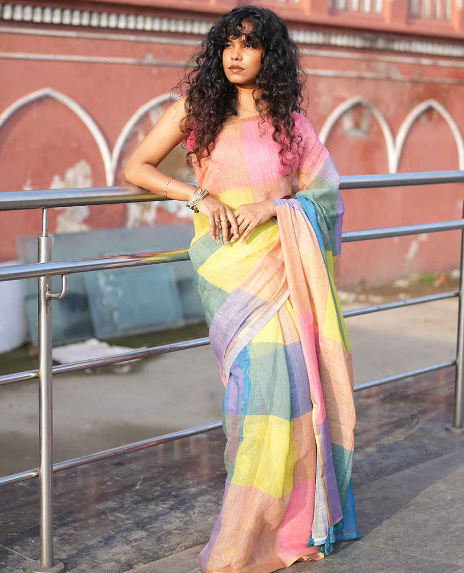 Borderless Yellow Linen Cotton Saree, Macro-Checked Design on Its Body, a Self-Pallu, and Contrast-Printed Blouse