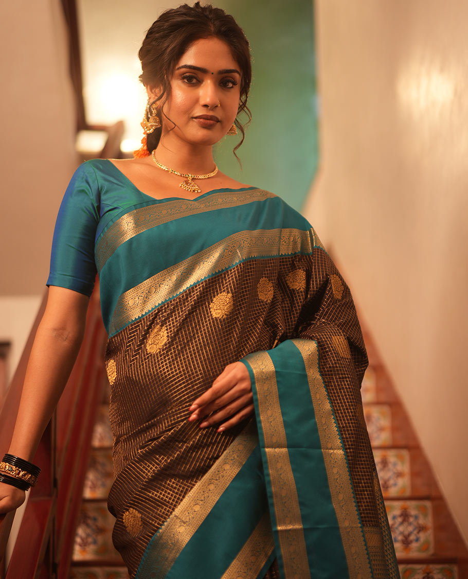 Coffee Brown-Rama Green Zari Design Budget Silk Saree,Contrast Rettai Pettu Zari Border,Jaal Pallu,Contrast Blouse