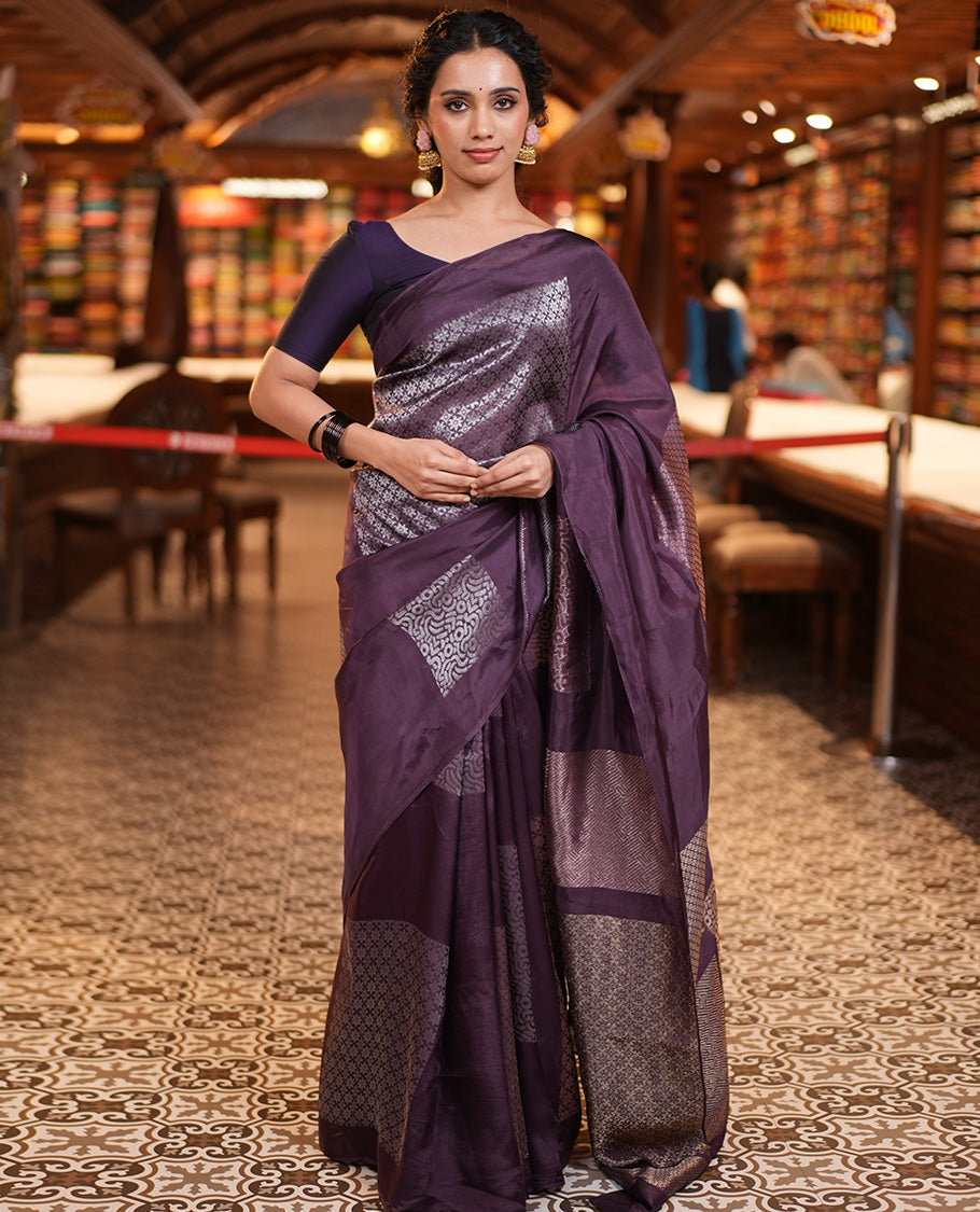 Borderless Purple Chanderi Cotton Saree, Steeped in the Richness of Zari Big Square Buttas All Over Its Body, Highlighted by Geometric Patterned Pallu and Paired with a Matching Blouse