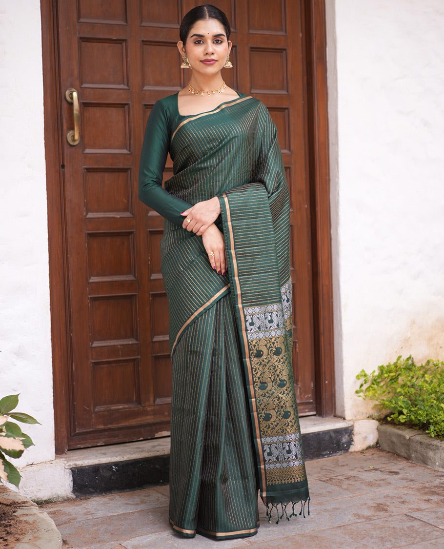 Dark Green Muthu-Striped Mayuri Silk-Mix Saree, a Piping Border, Kili-Motif Pallu, and Matching Blouse