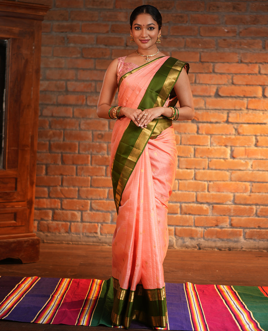 Pink Vasundhara Silk Saree, Finely Crafted with Zari Buttas and Checked Design, Complemented by a Contrast One-Sided Rettai Pettu Border of Rekku, Laddu Kamalam, Mayil Kann and Kodi Visiry Designs, Grand Jaal Pallu, and Paired with a Contrast Blouse