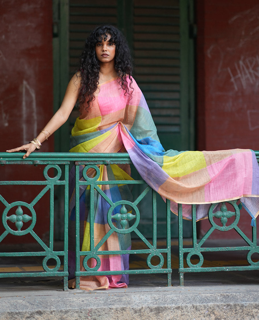 Borderless Yellow Linen Cotton Saree, Macro-Checked Design on Its Body, a Self-Pallu, and Contrast-Printed Blouse