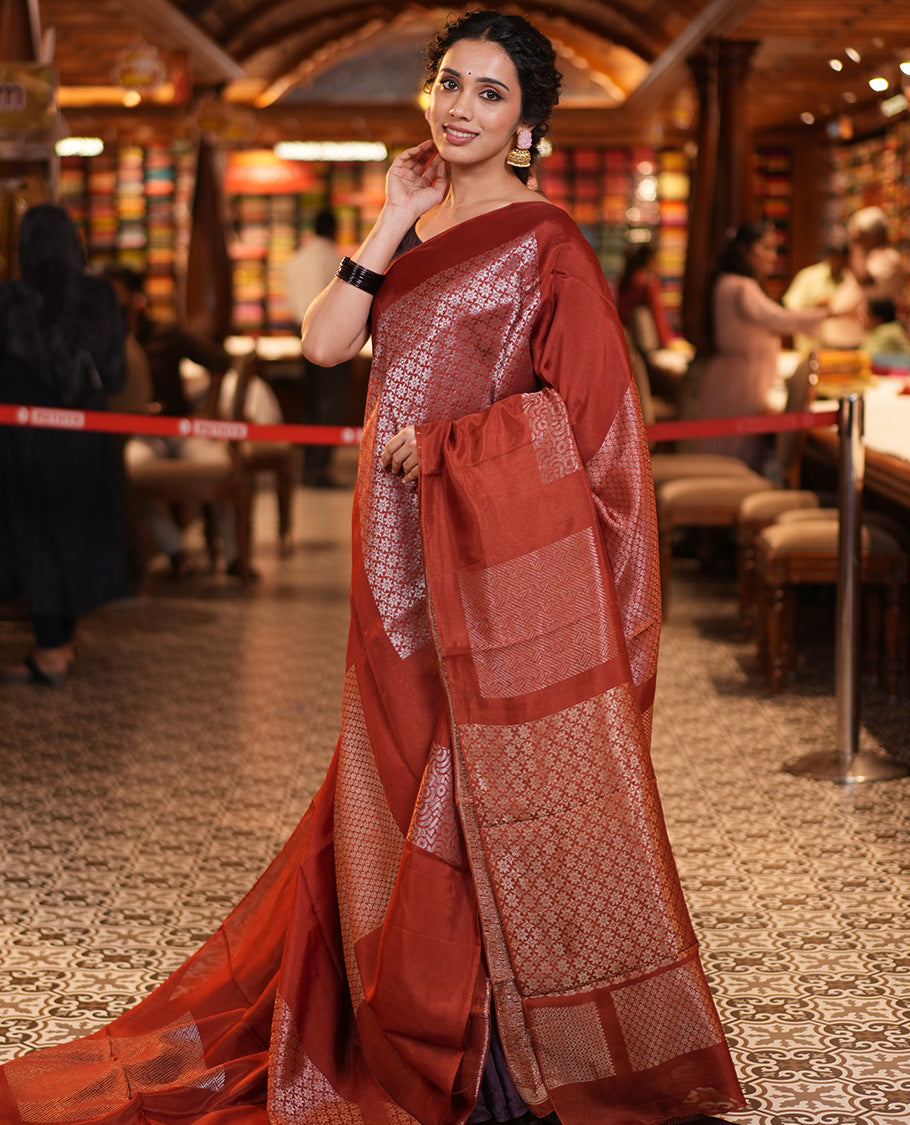 Borderless Rust Chanderi Cotton Saree, Steeped in the Richness of Zari Big Square Buttas All Over Its Body, Highlighted by Geometric Patterned Pallu and Paired with a Matching Blouse