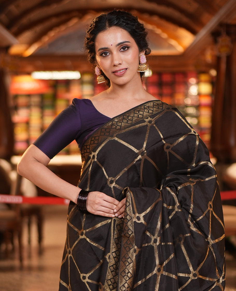 Black Chanderi Cotton Saree, Bedecked with Geometric Web-Patterns Weave On Its Body, Subtle Geometric Border, Pallu of Geometric Weave, and Paired with a Matching Blouse
