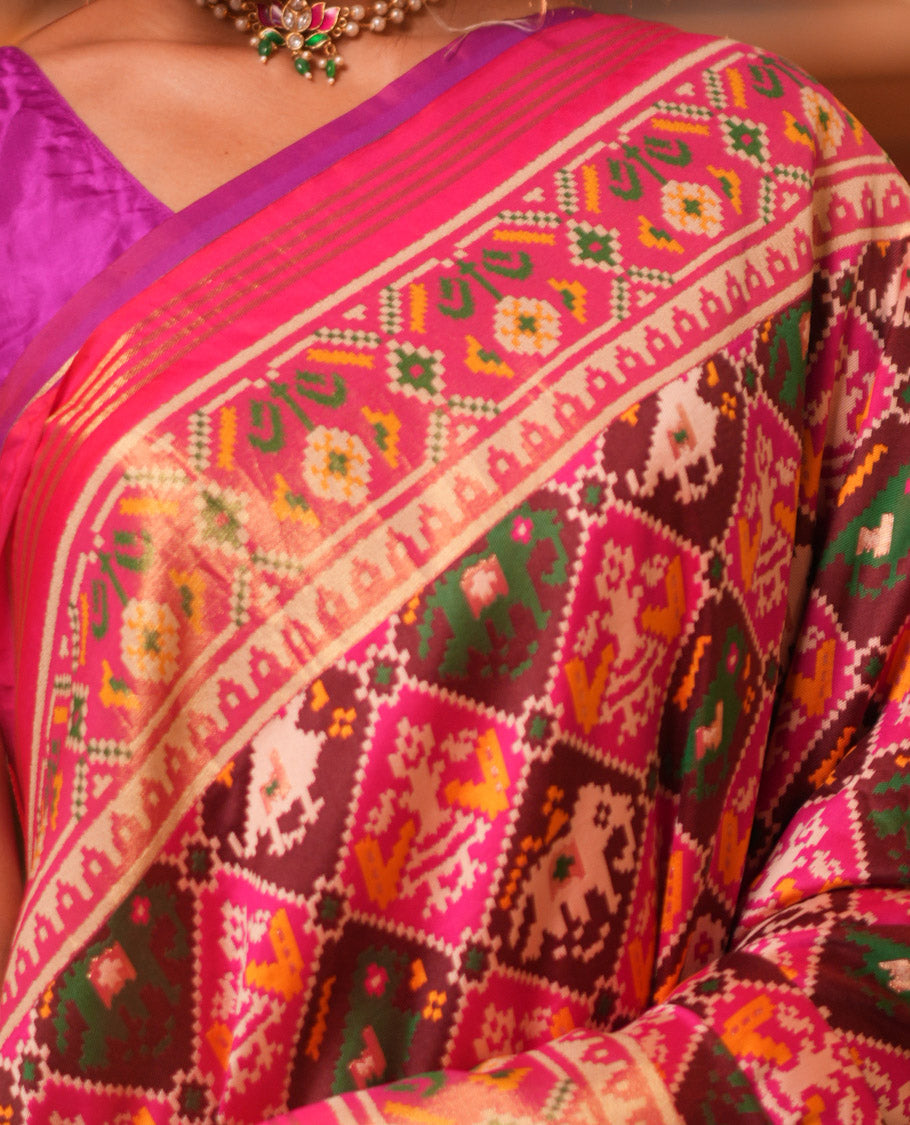 Pink Intricate Motif Semi-Patan Patola Saree, Patola Printed Tissue Border, and a Matching Blouse
