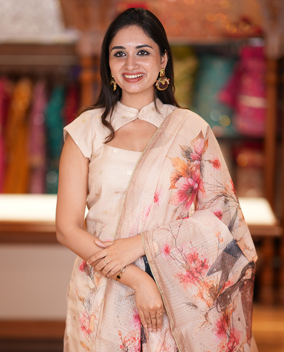 Chikku Net Kota Material Chudidar Set, Couple Printed Top, a Plain Bottom, Couple Printed Dupatta