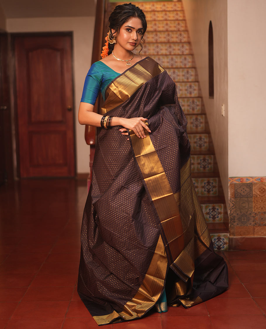 Coffee Brown Budget Silk Saree Features Zari Buttas, Getti Zari Border, Grand Pallu, a Matching Blouse