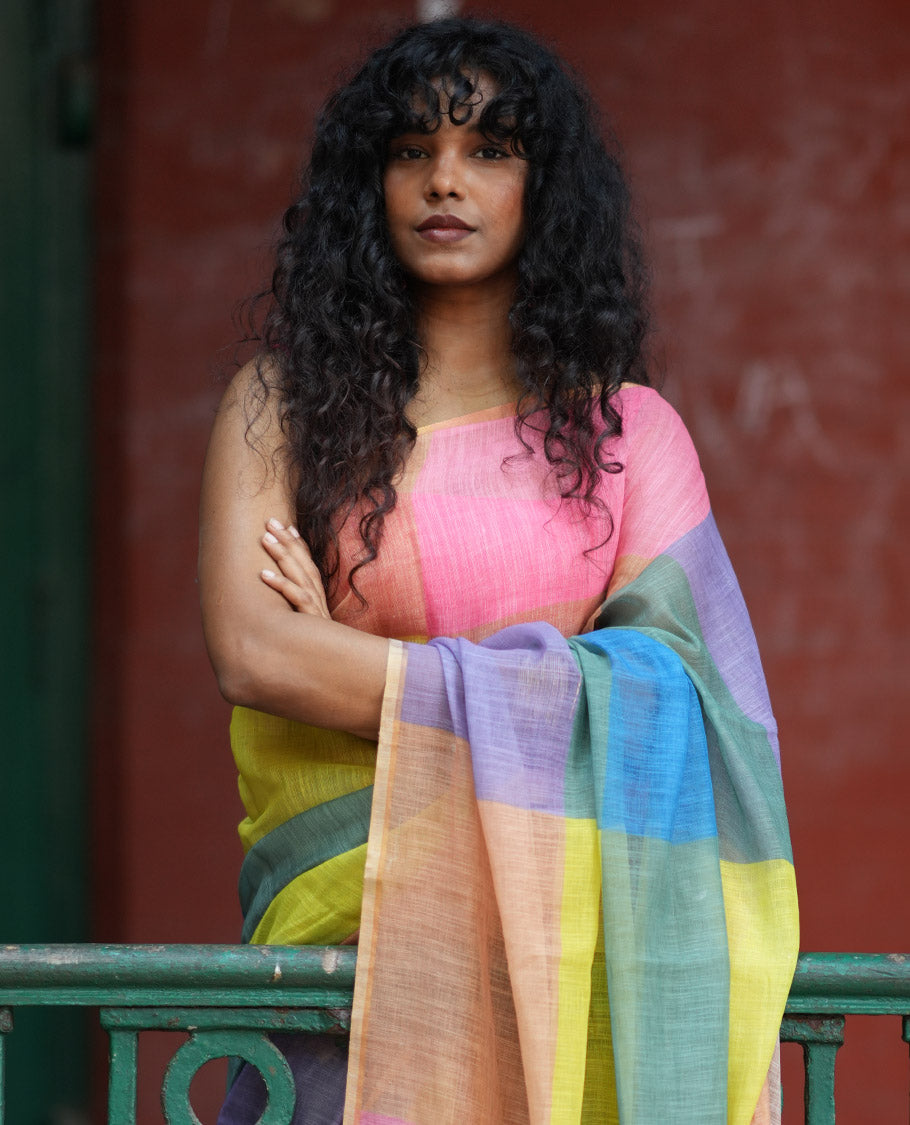 Borderless Yellow Linen Cotton Saree, Macro-Checked Design on Its Body, a Self-Pallu, and Contrast-Printed Blouse