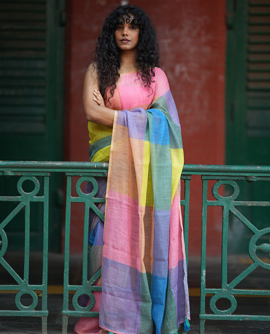 Borderless Yellow Linen Cotton Saree, Macro-Checked Design on Its Body, a Self-Pallu, and Contrast-Printed Blouse