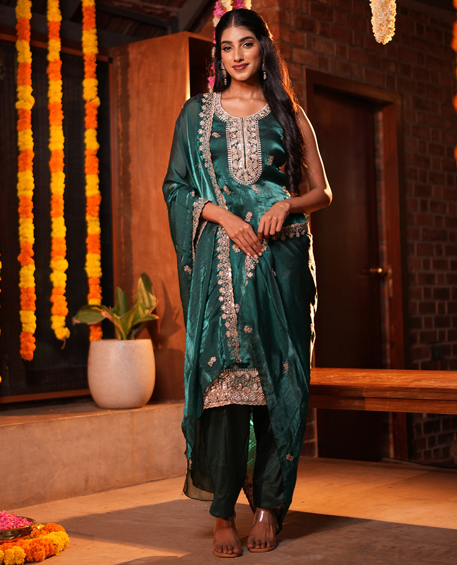Peacock Green Fendi Organza Material Churidar Features Embroidered Top, a Santoon Bottom, a Scallop Embroidered Dupatta