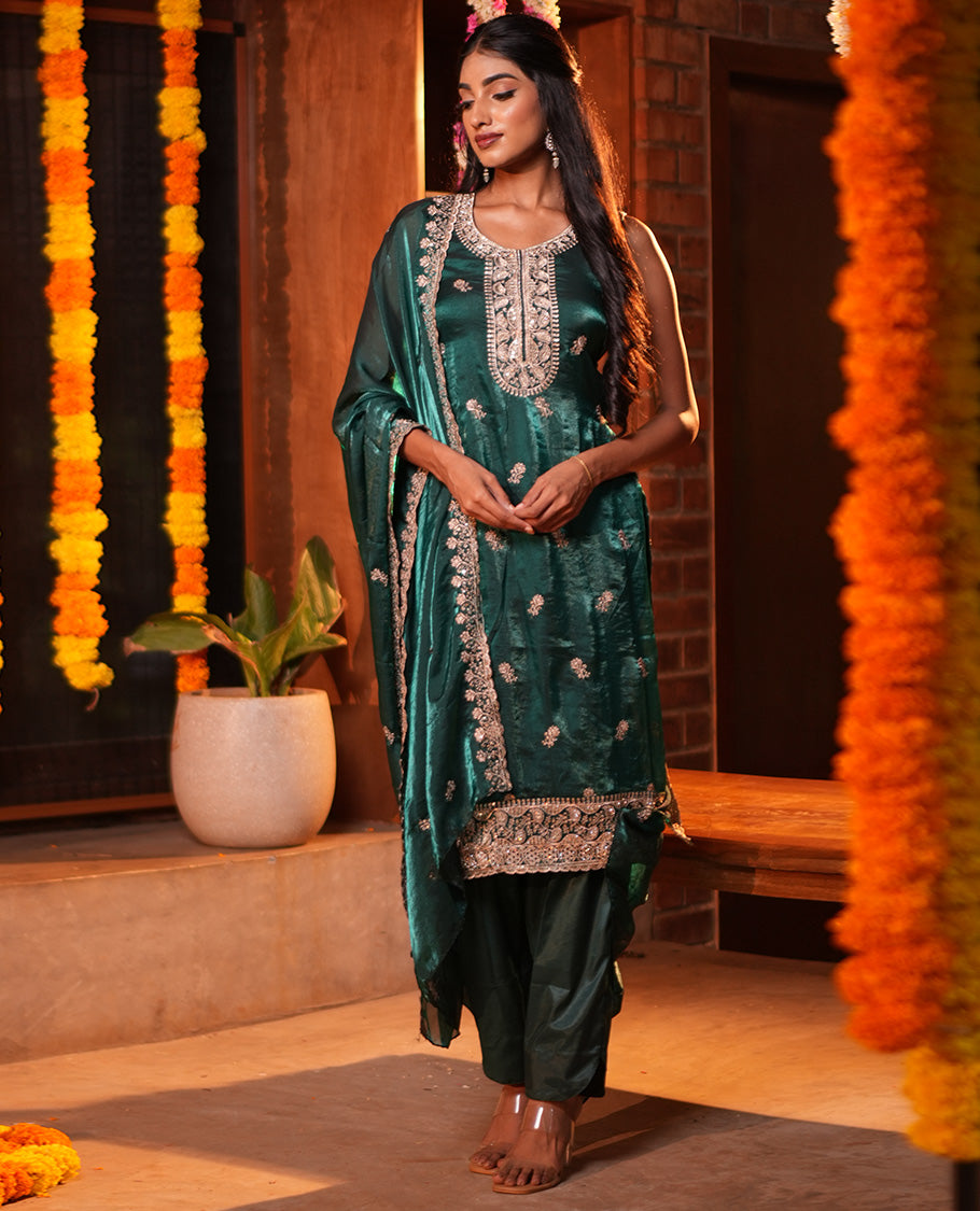 Peacock Green Fendi Organza Material Churidar Features Embroidered Top, a Santoon Bottom, a Scallop Embroidered Dupatta