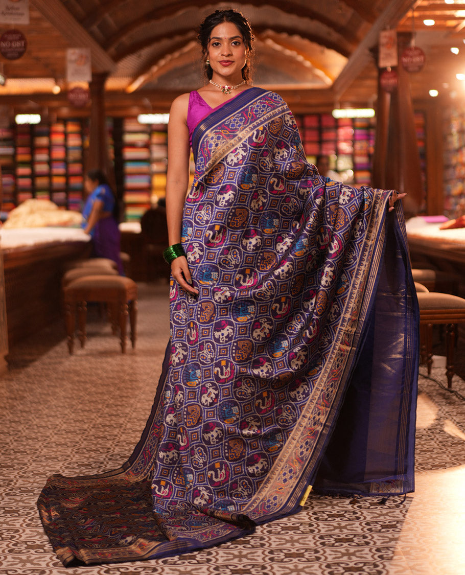 Navy Blue Intricate Motif Semi-Patan Patola Saree, Patola Printed Tissue Border, and a Matching Blouse