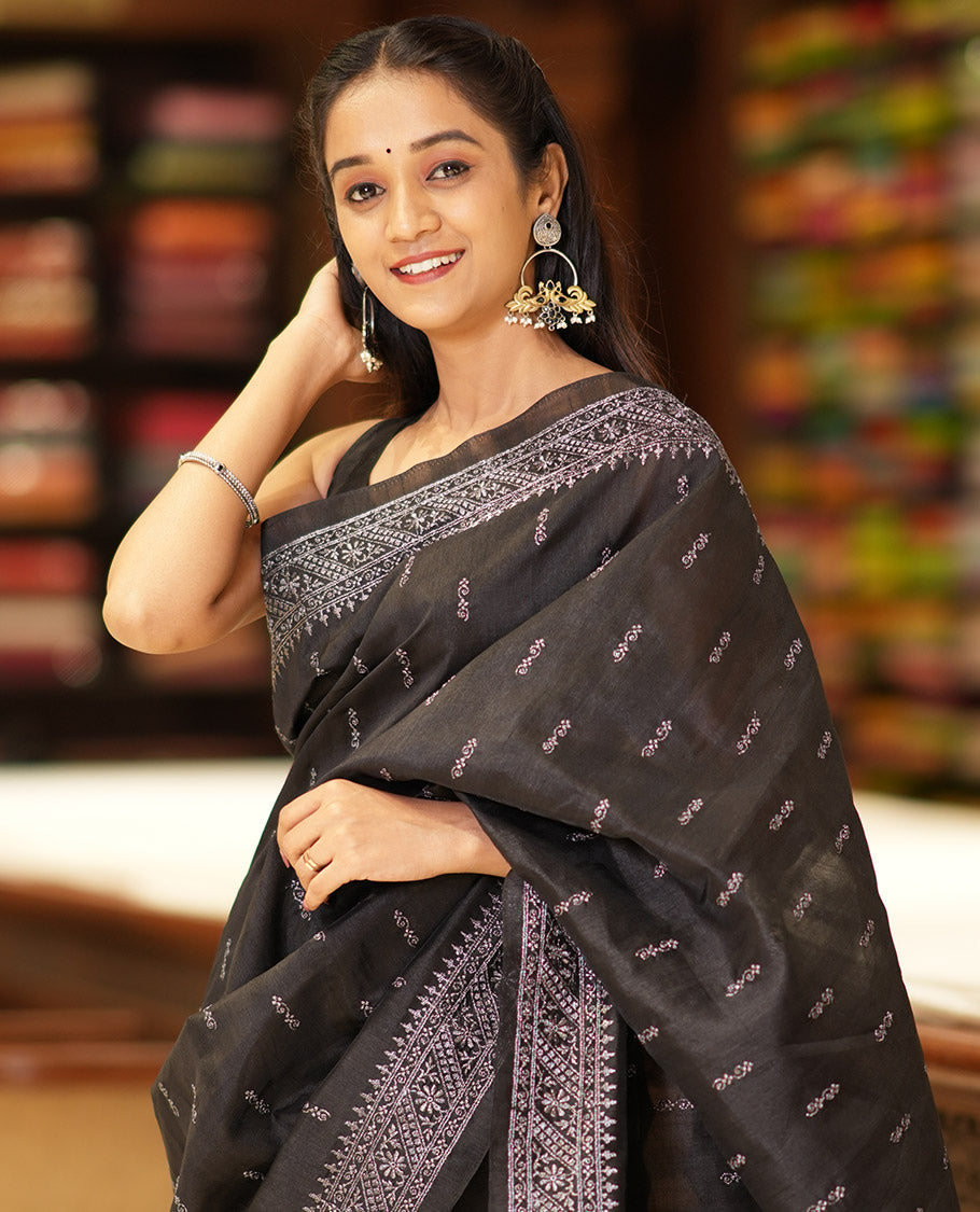 Black butta embroidery matka saree with flower design, zari embroidery border & buuta design pallu alogn with plain blouse