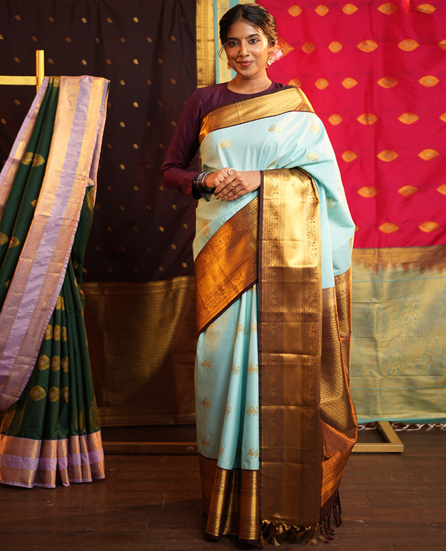 Blue Budget Silk Saree, Beautified with Zari Buttas and Zari Stripes on Its Body, Complemenetd by a Contrast Traditional Zari Border of Peacock-Elephant Designs, a Grandly Embellished Border, and Paired with a Contrast Blouse