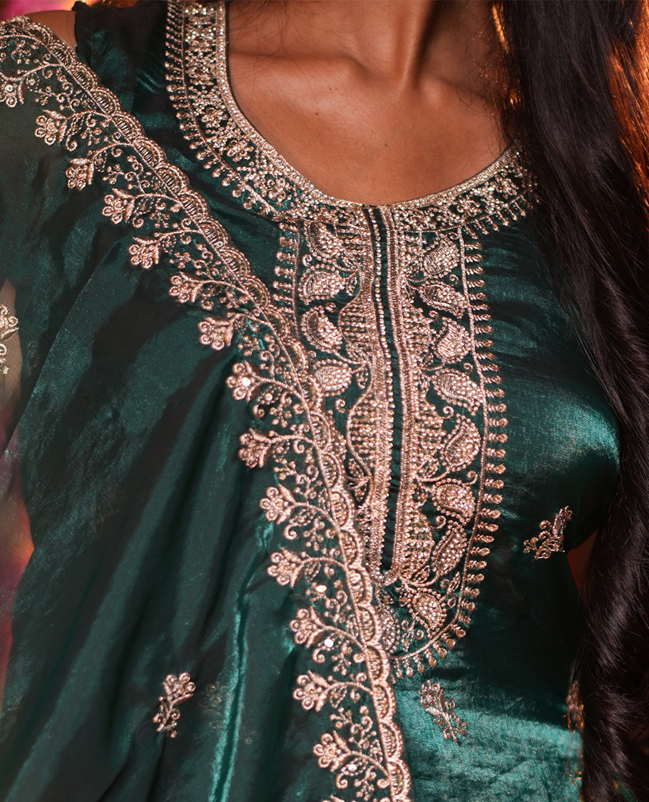 Peacock Green Fendi Organza Material Churidar Features Embroidered Top, a Santoon Bottom, a Scallop Embroidered Dupatta