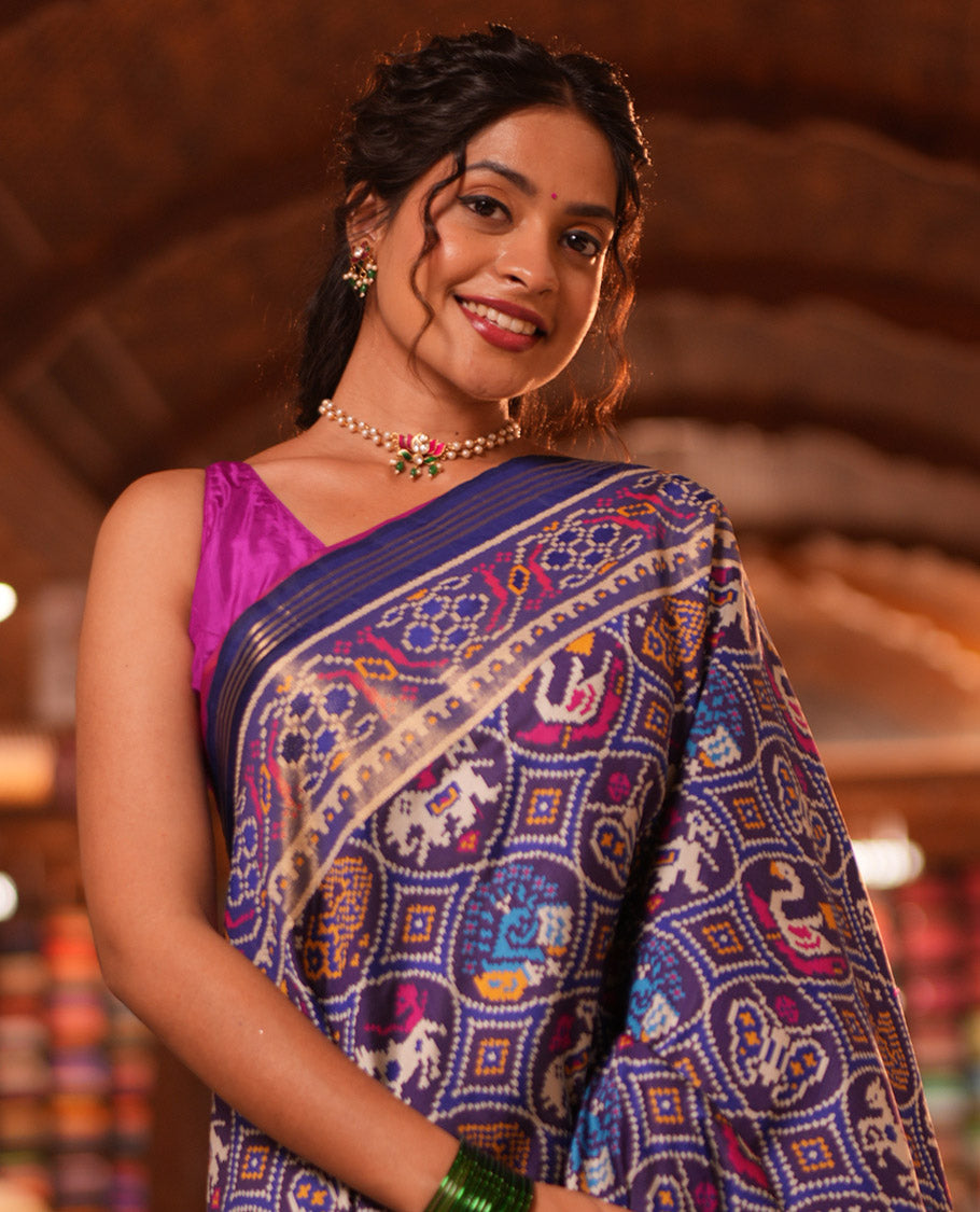 Navy Blue Intricate Motif Semi-Patan Patola Saree, Patola Printed Tissue Border, and a Matching Blouse
