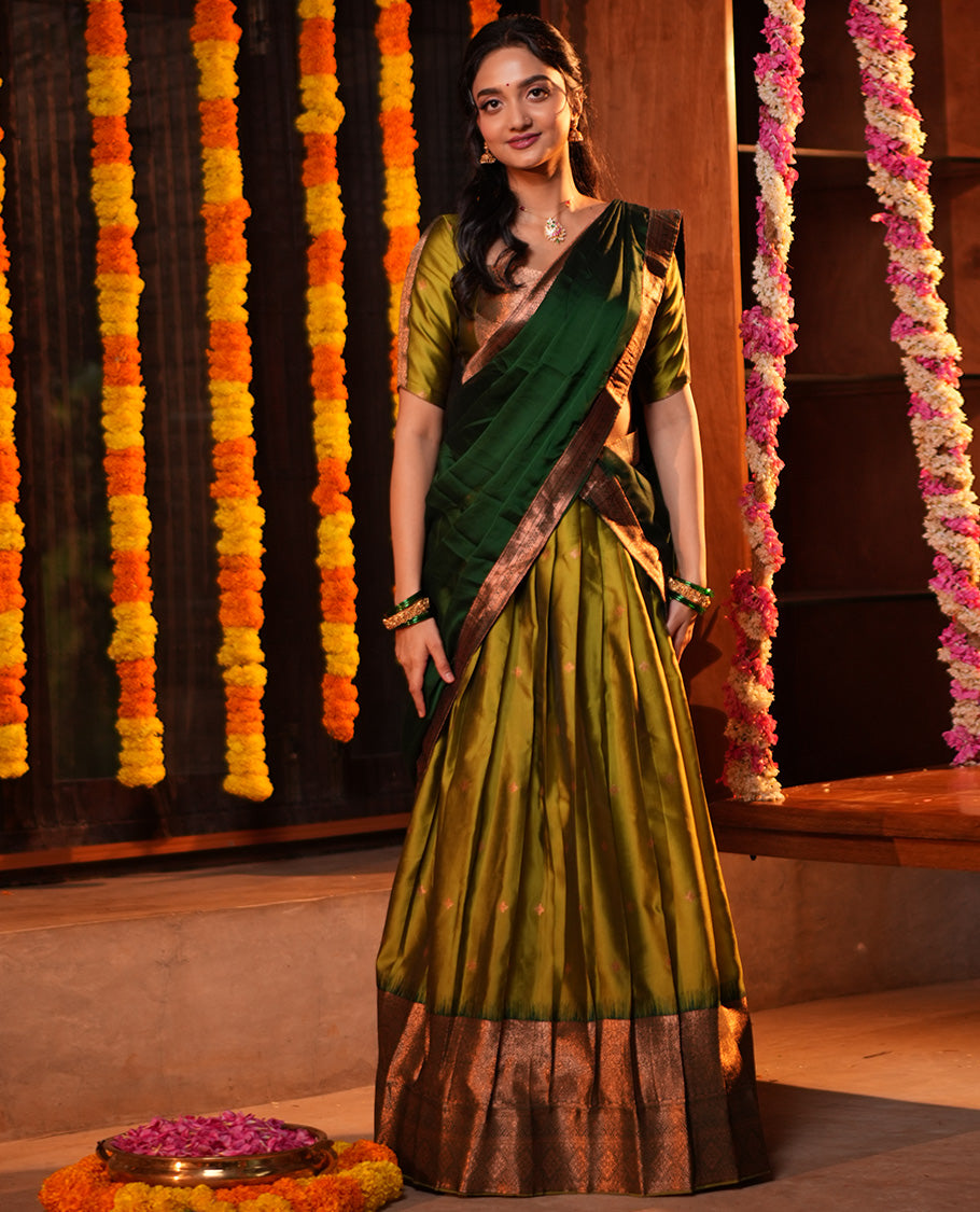 Parrot Green-Leaf Green Semi-Silk Half-Saree, Zari Buttas Skirt, Contrast Traditional Zari Border, a Matching Blouse, a Contrast Blouse