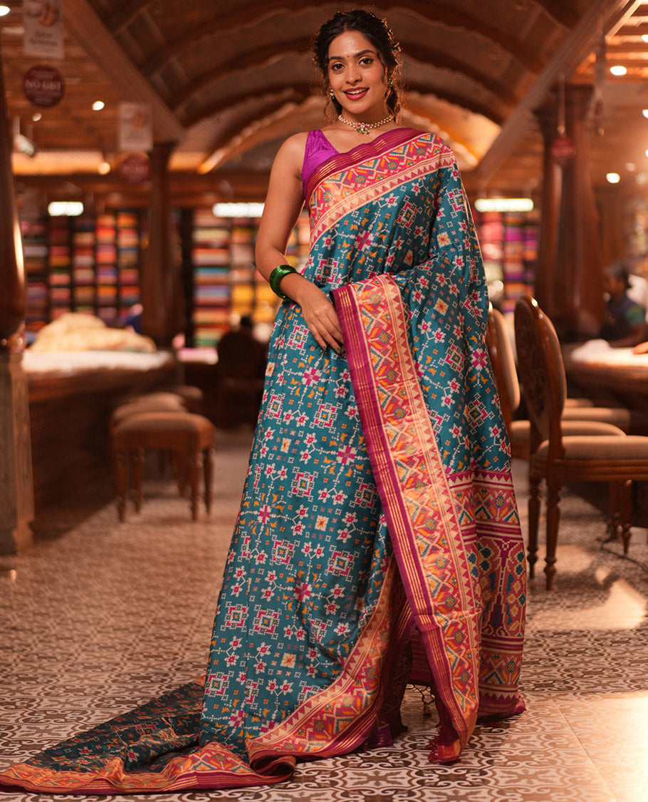 Peacock Green Intricate Motif Semi-Patan Patola Saree, Contrast Patola Tissue Border, and a Contrast Blouse
