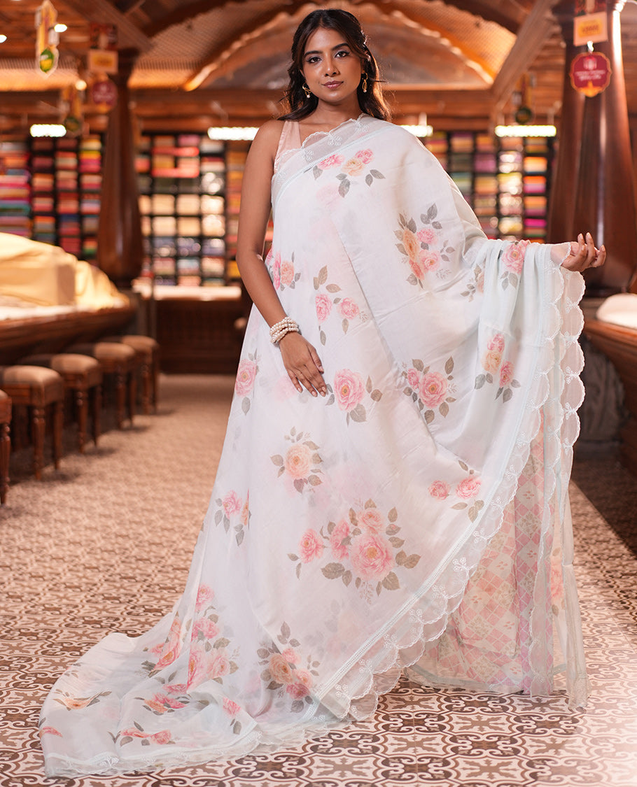 Sky Blue Floral Motifs Chanderi Cotton Saree