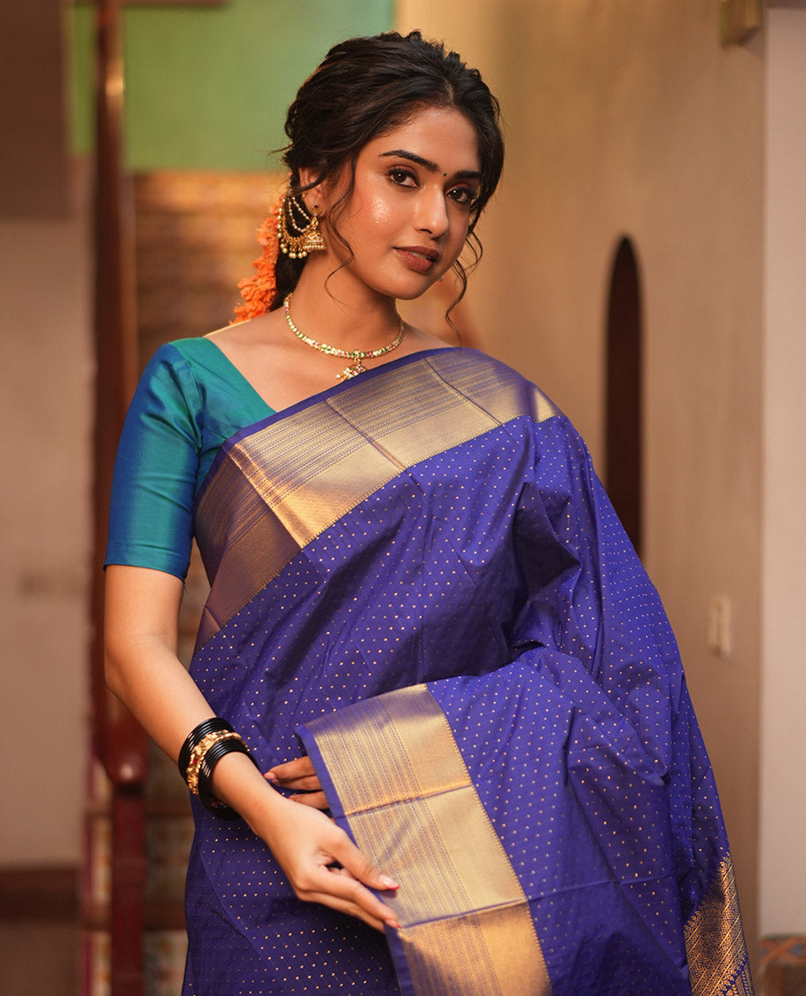 Navy Blue Budget Silk Saree Features Zari Buttas, Getti Zari Border, Grand Pallu, a Matching Blouse