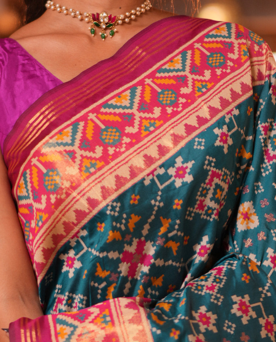 Peacock Green Intricate Motif Semi-Patan Patola Saree, Contrast Patola Tissue Border, and a Contrast Blouse