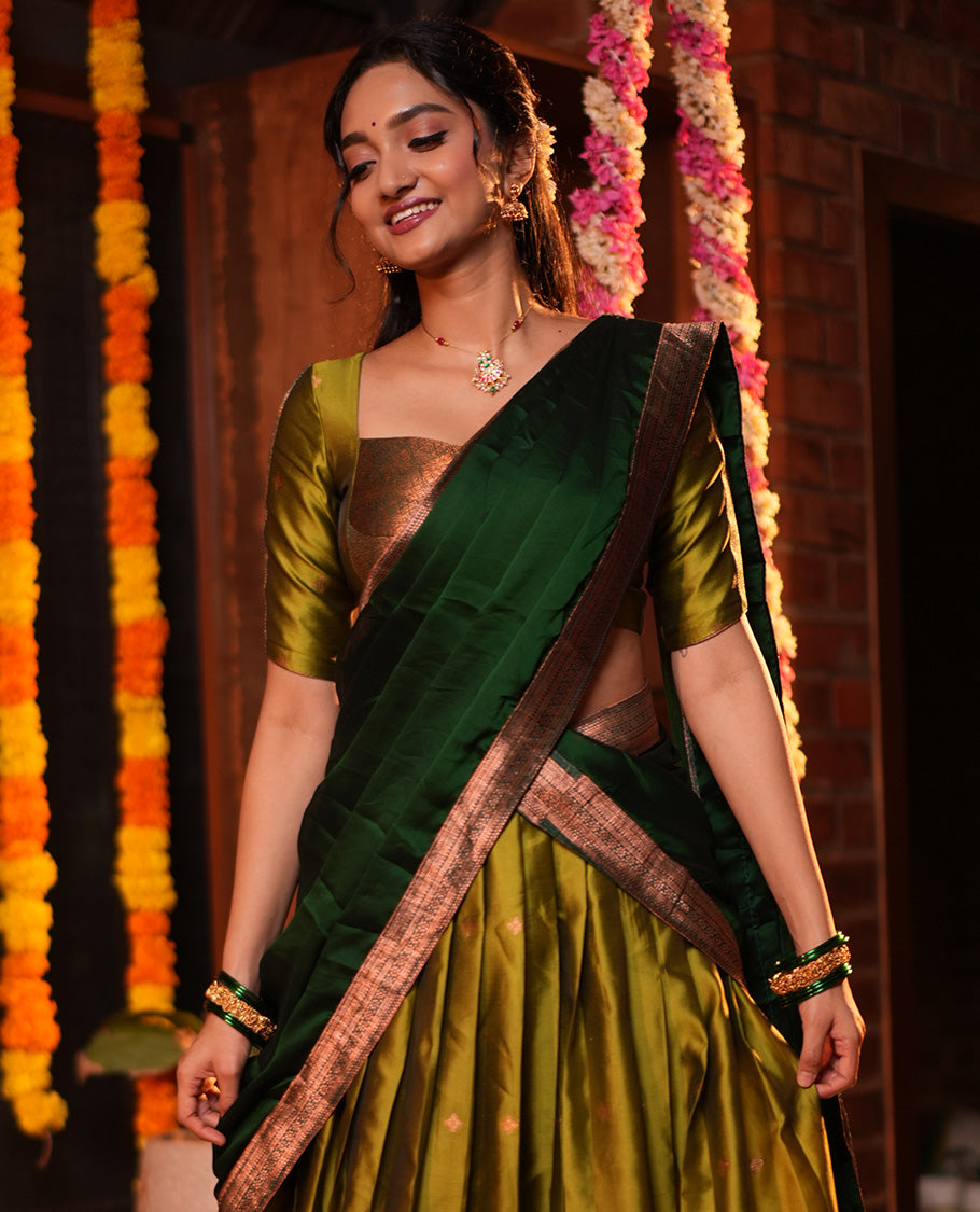 Parrot Green-Leaf Green Semi-Silk Half-Saree, Zari Buttas Skirt, Contrast Traditional Zari Border, a Matching Blouse, a Contrast Blouse
