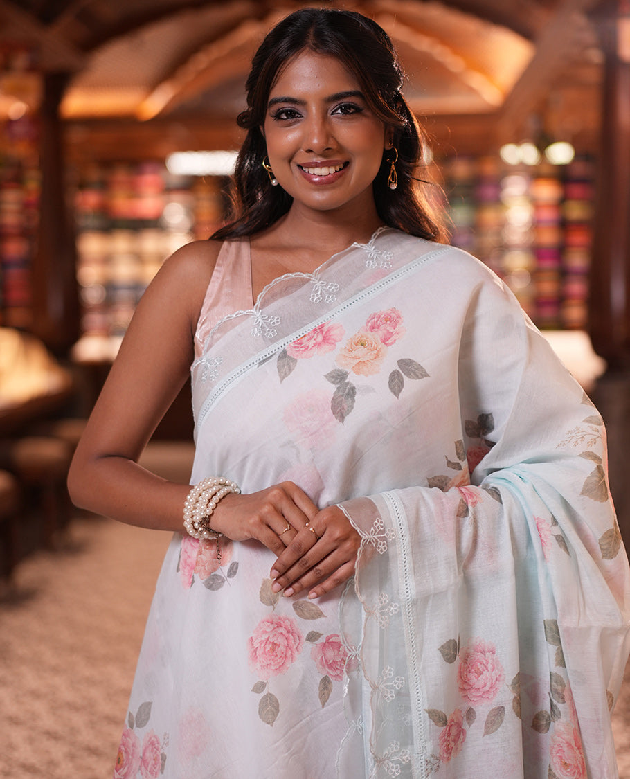 Sky Blue Floral Motifs Chanderi Cotton Saree