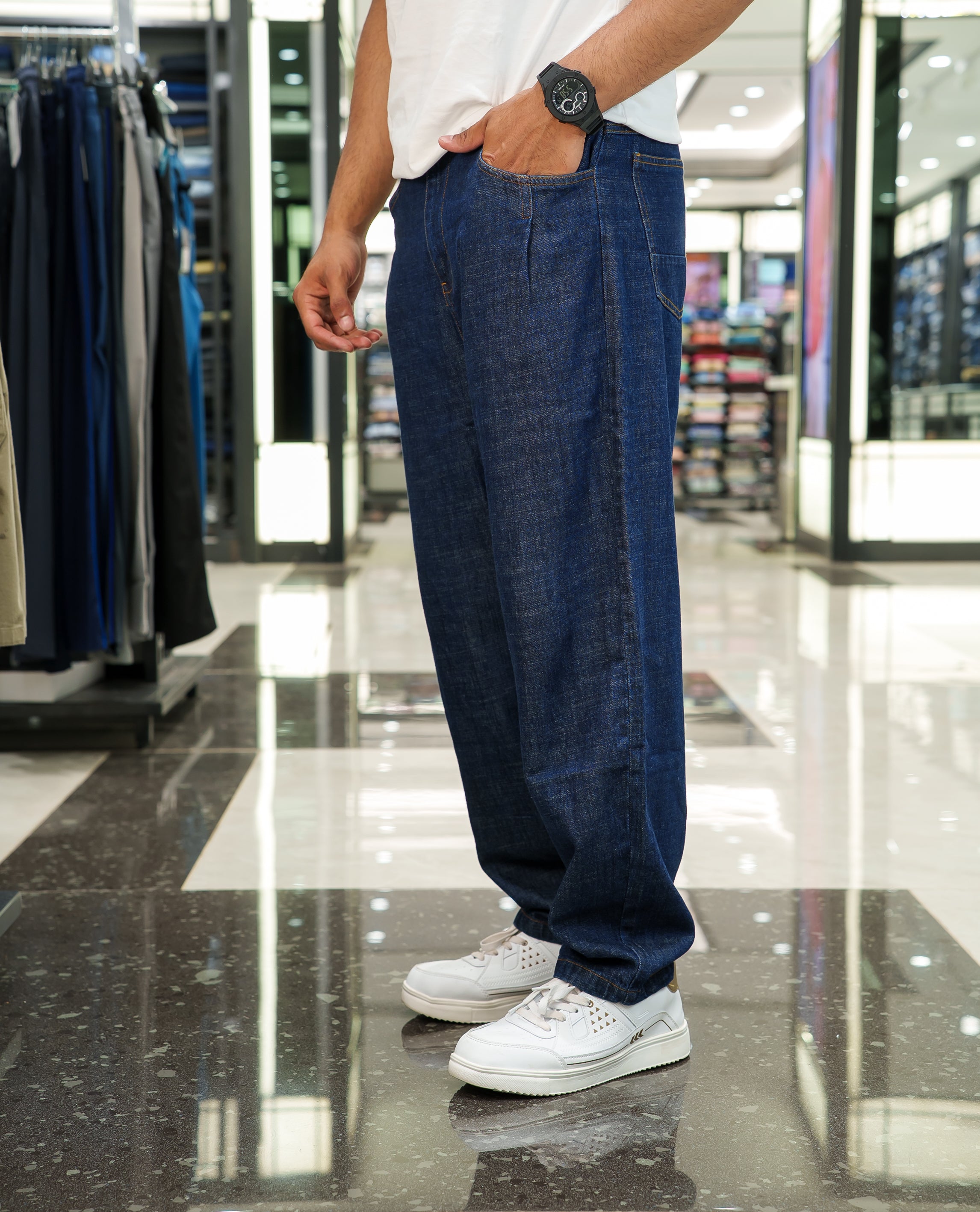 Dark Blue Plain Denim Trousers Come with a Baggy Mom Fit and Regular Length