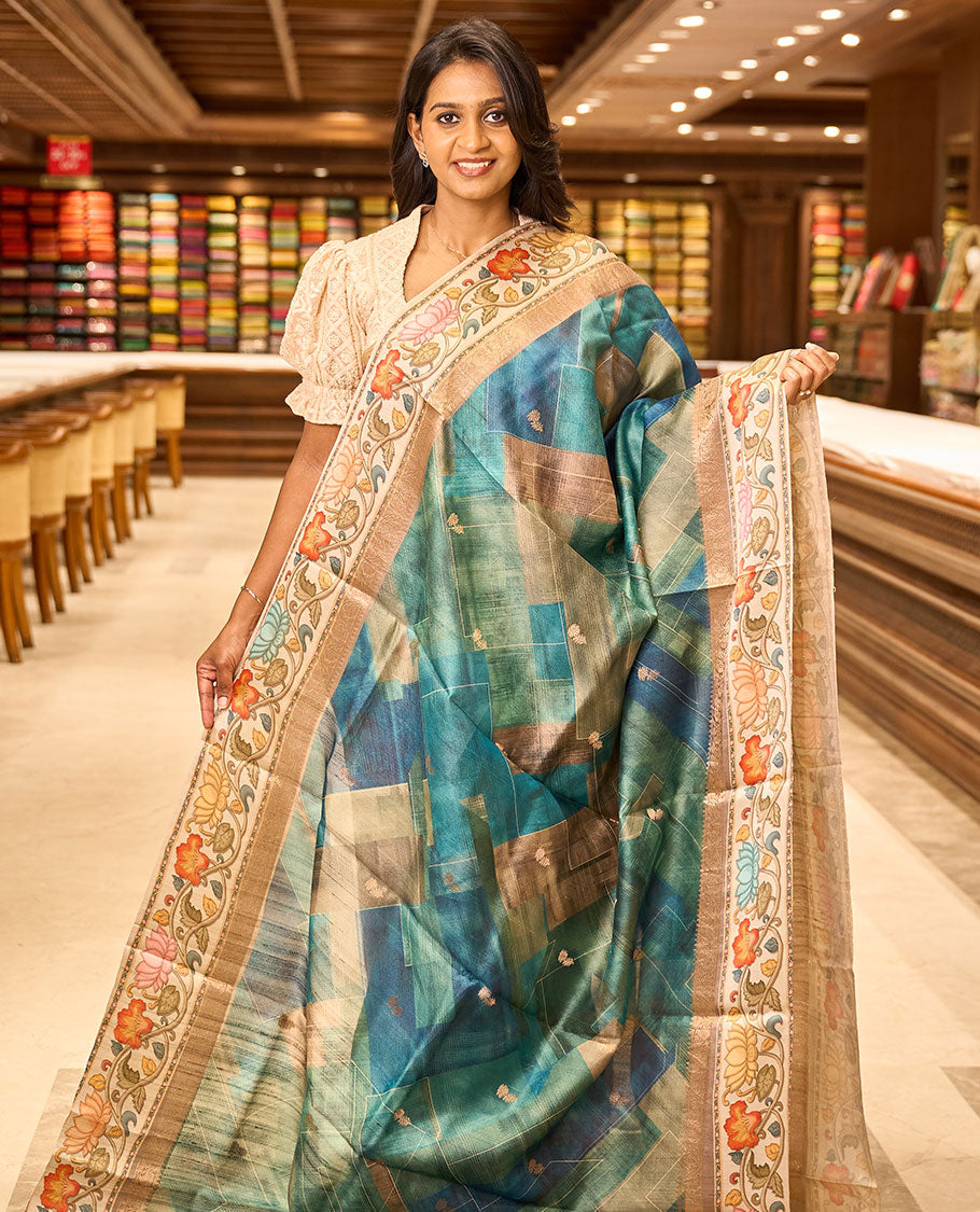 Blue checks printed & buttas Tussar silk saree, contrast border of traditional zari work & floral creeper print & zari woven pallu
