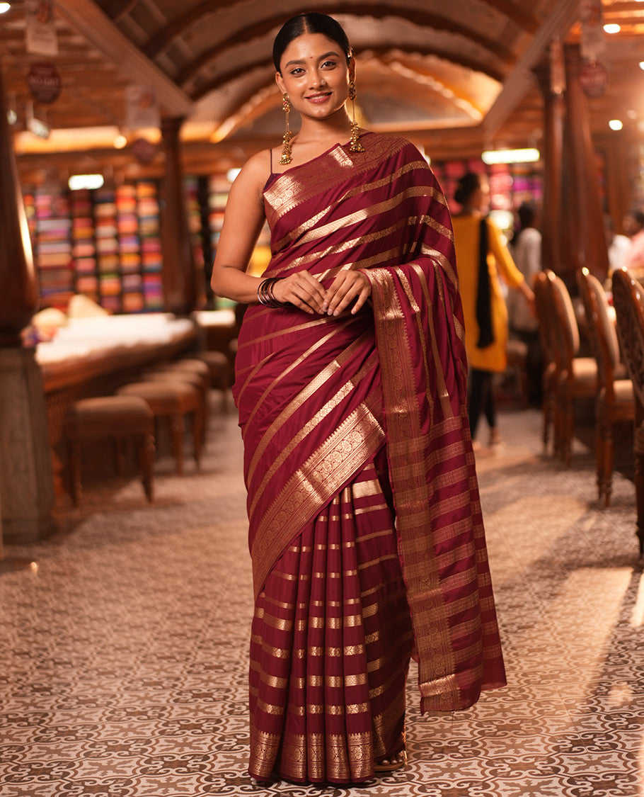 Maroon Zari Design Mysore Silk Saree, a Traditional Zari Border, Zari Striped Pallu, and a Matching Blouse
