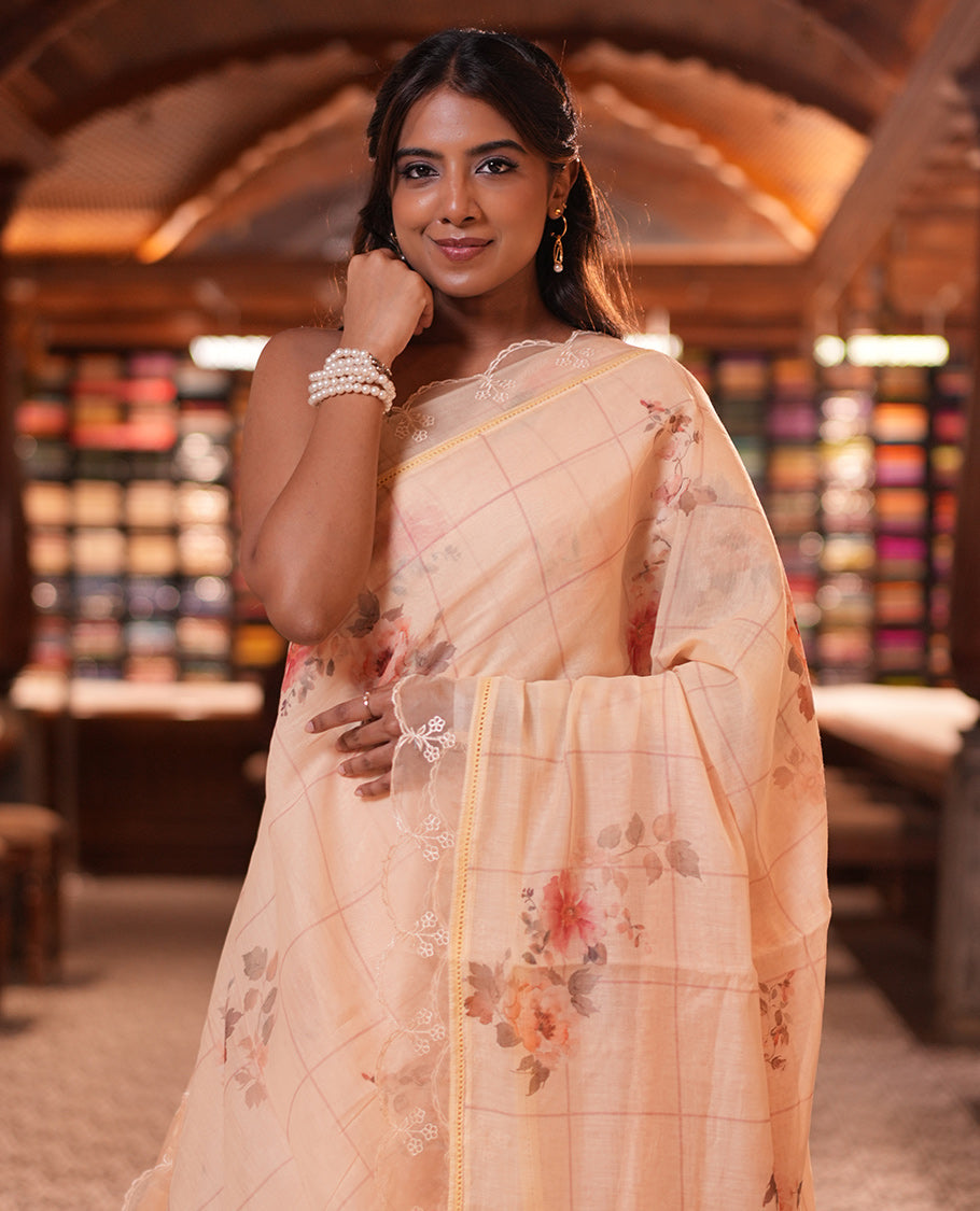 Sandal Floral Motifs Chanderi Cotton Saree
