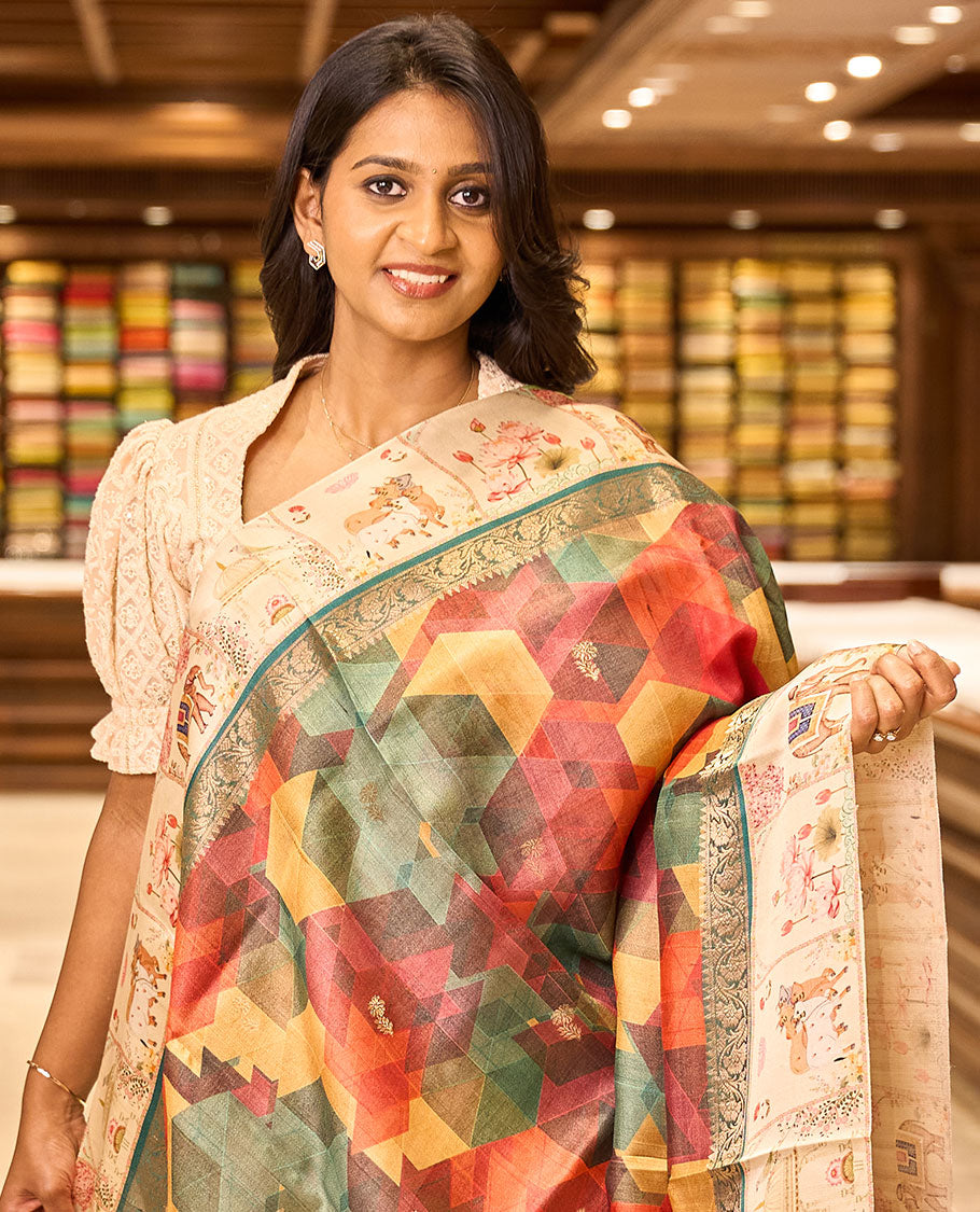 Multi-color geometric print & zari buttas tussar silk saree, contrast zari border with printed Pichwai cow, lotus & elephant motifs & zari pallu